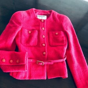 Chanel Couture Fuchsia Pink Wool Boucle Belted Jacket